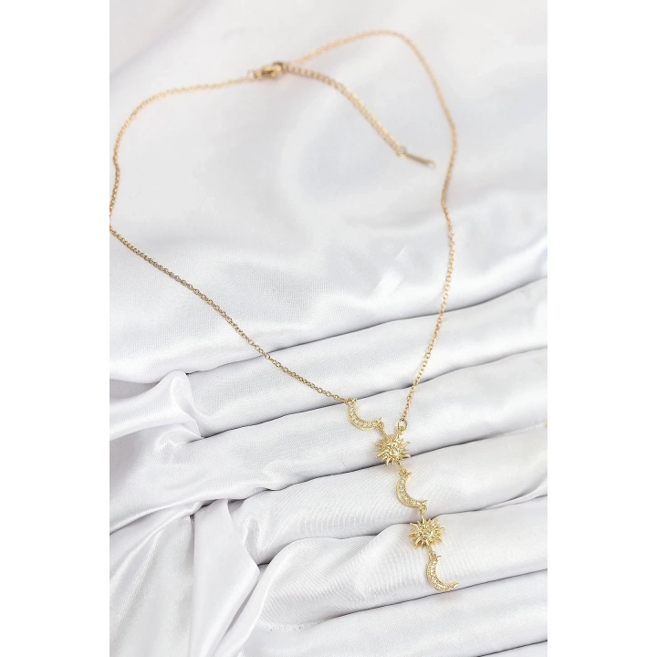Mey İthalat® 316L Çelik Zirkon Taşlı Güneş Ve Ay Model Gold Renk Kadın Kolye