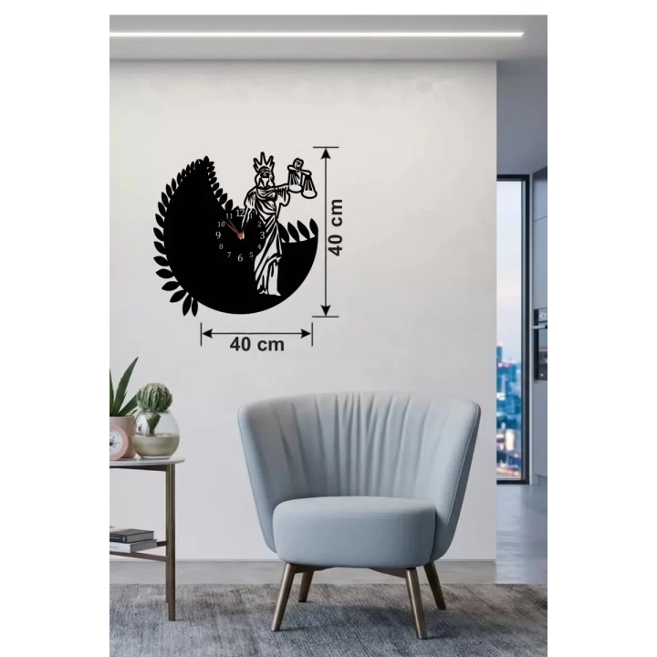 Mey İthalat® Adalet Tanrıçası Themis Tasarım Ahşap Duvar Saati - 40x40 cm Avukat Hediyesi