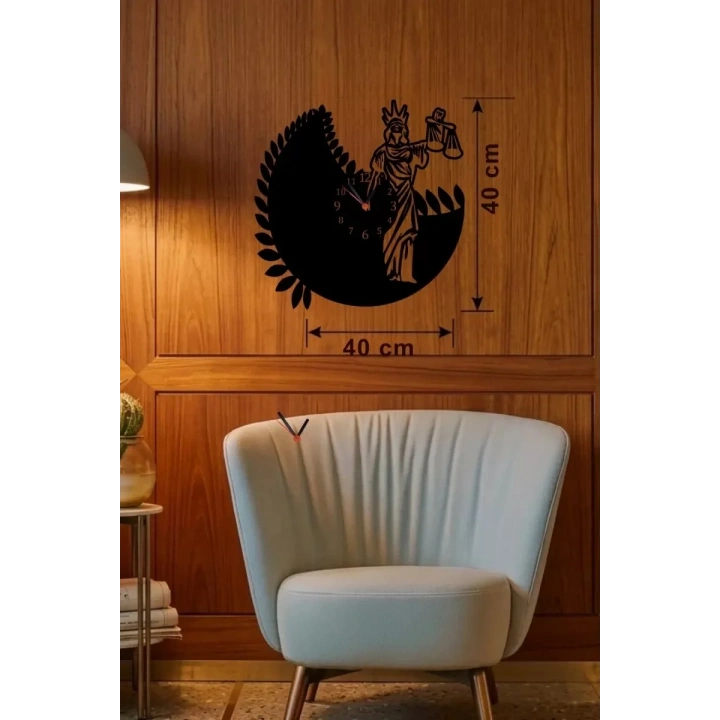 Mey İthalat® Adalet Tanrıçası Themis Tasarım Ahşap Duvar Saati - 40x40 cm Avukat Hediyesi