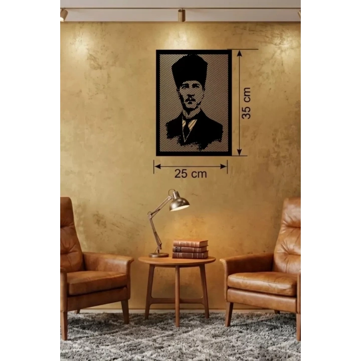 Mey İthalat® Atatürk Line Art Metal Görünümlü Ahşap Tablo - Modern Ofis ve Ev Dekoru