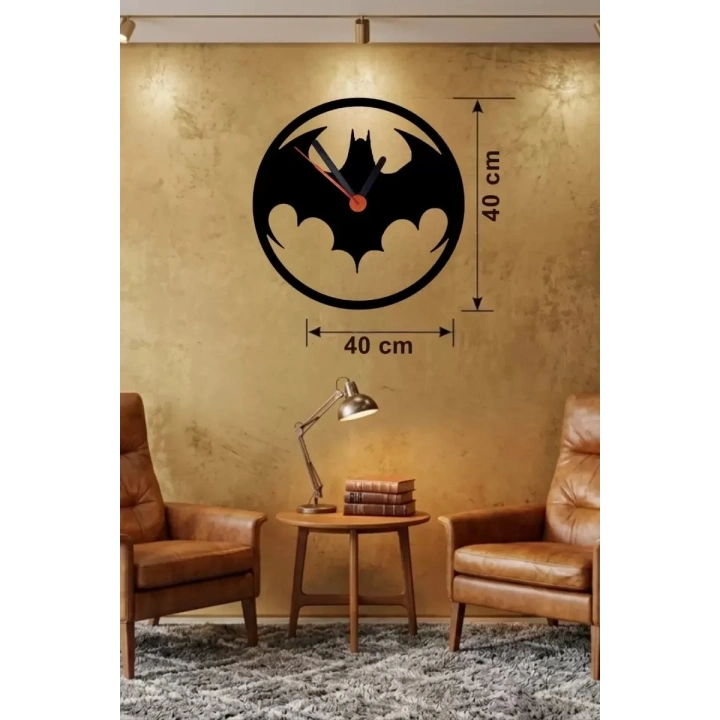 Mey İthalat® Batman Yarasa Logolu Ahşap Duvar Saati - 40x40 cm Dekoratif DC Temalı