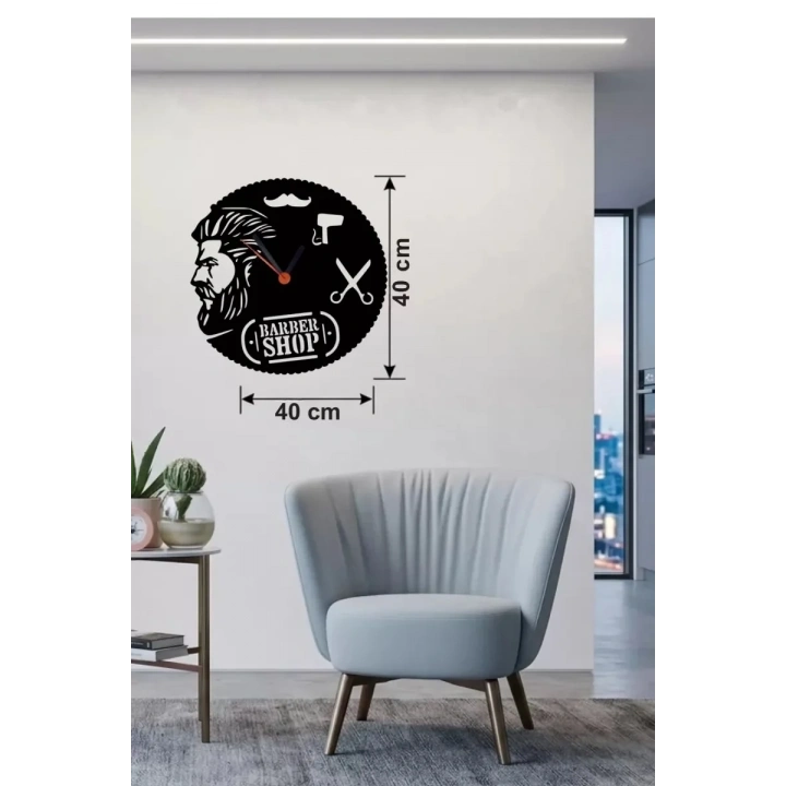 Mey İthalat® Berber Kuaför Tasarım Ahşap Duvar Saati - 40x40 cm Berber Dekorasyonu