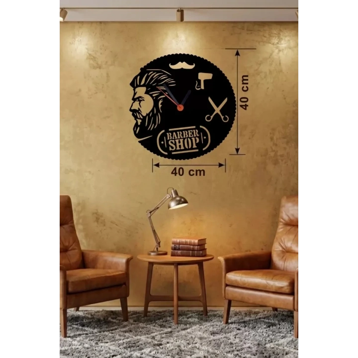 Mey İthalat® Berber Kuaför Tasarım Ahşap Duvar Saati - 40x40 cm Berber Dekorasyonu