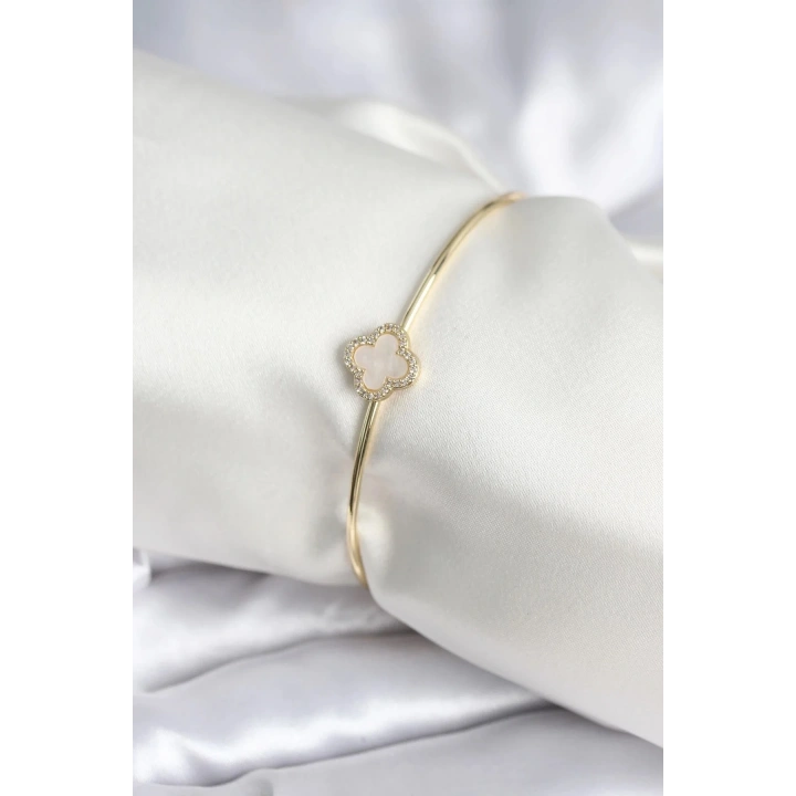 Mey İthalat® Beyaz Sedefli Yonca Model Gold Renk Kadın Bileklik