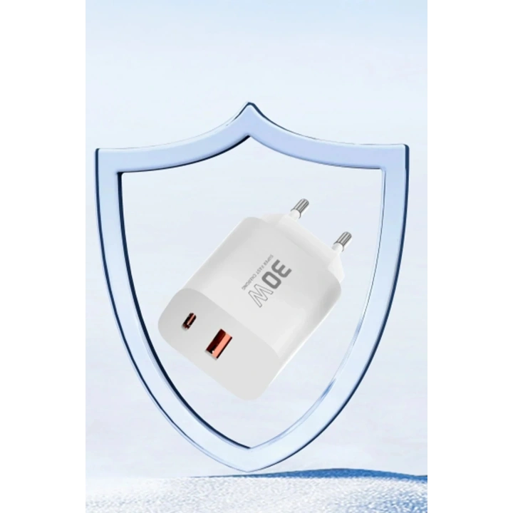 Mey İthalat®  C89Q 1 Adet 30W Type-C ve 1 Adet 22.5W USB Çıkışlı Ekstra DL48 1M USB to Lightning Kablolu PD Şarj Cihazı - Beyaz