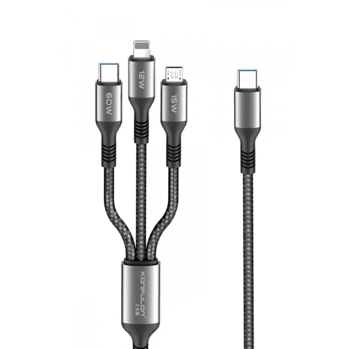 Mey İthalat®  DC62 3in1 Type-C to 60W Type-C / 12W Lightning / 15W Micro 1.2M Hızlı Şarj Kablo - Siyah