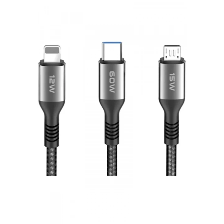Mey İthalat®  DC62 3in1 Type-C to 60W Type-C / 12W Lightning / 15W Micro 1.2M Hızlı Şarj Kablo - Siyah