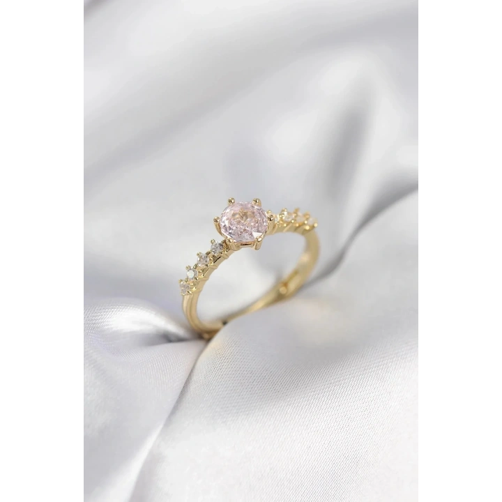 Mey İthalat® Gold Renk Pembe Tek Taş Model Zirkon Taşlı Kadın Yüzük