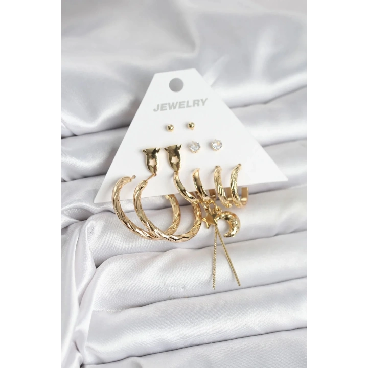 Mey İthalat® Gold Renk Pirinç 6lı Kadın Küpe Seti