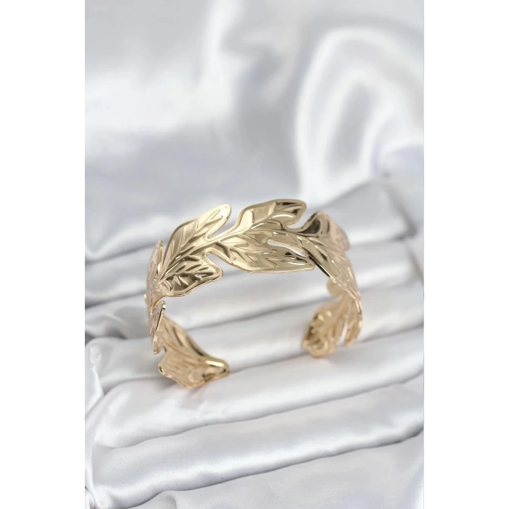 Mey İthalat® Gold Renk Pirinç Levha Yaprak Model Kadın Bileklik