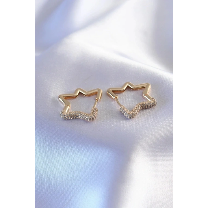 Mey İthalat® Gold Renk Zirkon Taşlı Yıldız Model Kadın Küpe