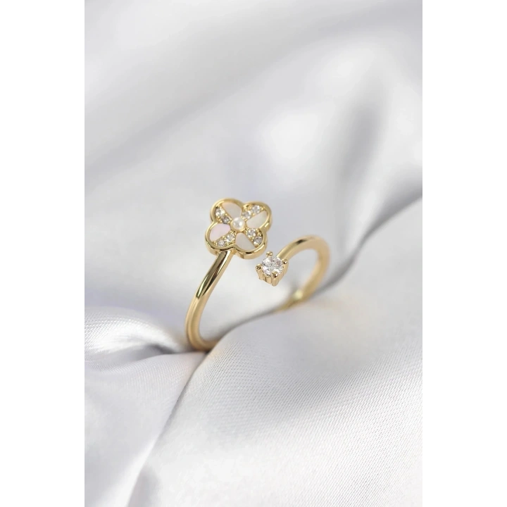 Mey İthalat® Gold Renk Zirkon Taşlı Yonca Model Kadın Yüzük