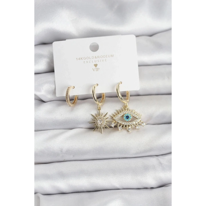 Mey İthalat® Göz Model Gold Renk Pirinç 3lü Kadın Küpe Seti