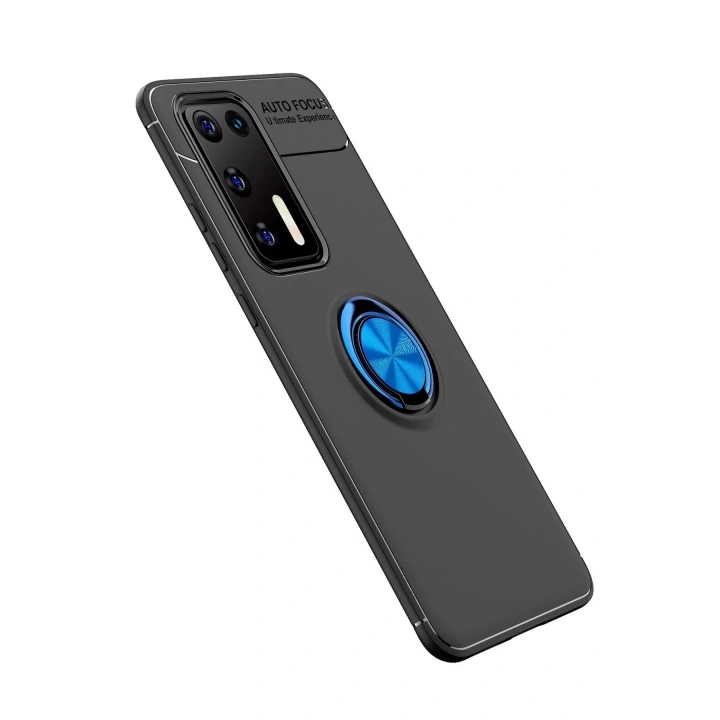 Mey İthalat®  Huawei P40 Kılıf Range Yüzüklü Silikon - Siyah-Mavi