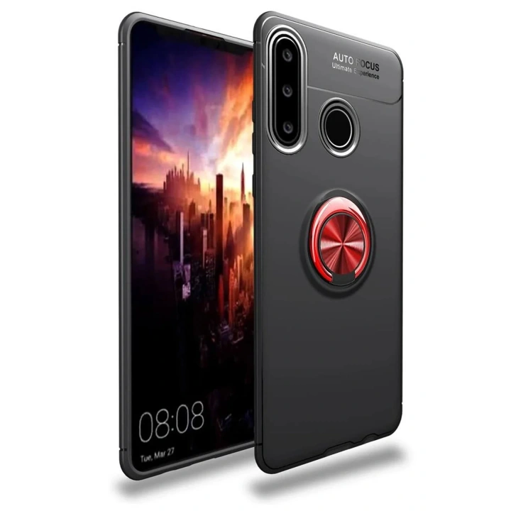 Mey İthalat®  Huawei Y6P Kılıf Range Yüzüklü Silikon - Siyah-Kırmızı