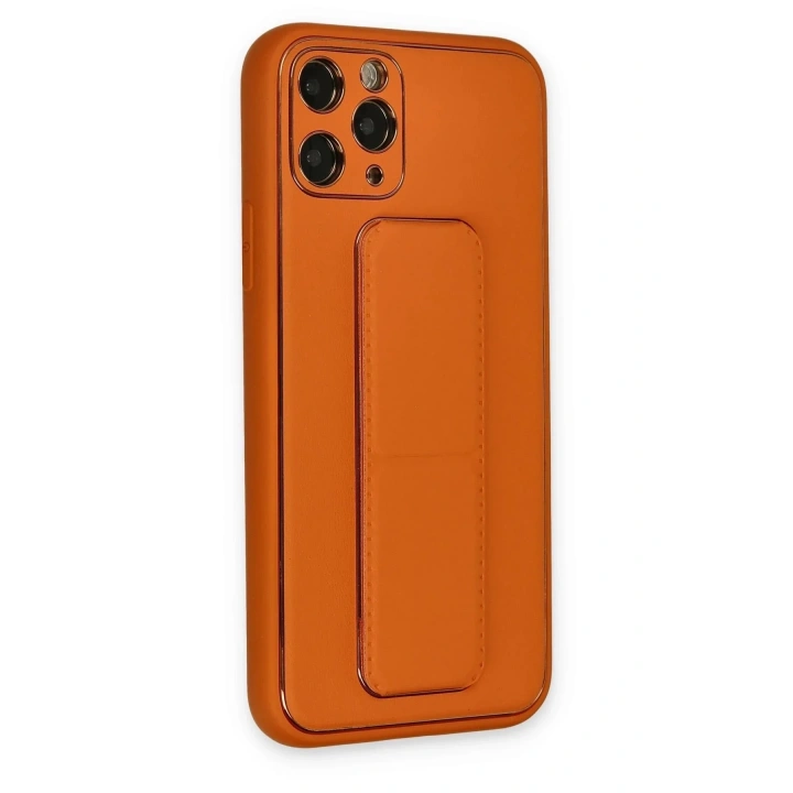 Mey İthalat®  iPhone 11 Pro Kılıf Coco Deri Standlı Kapak - Turuncu