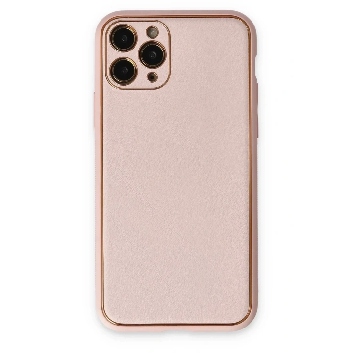 Mey İthalat®  iPhone 11 Pro Max Kılıf Coco Deri Silikon Kapak - Pudra