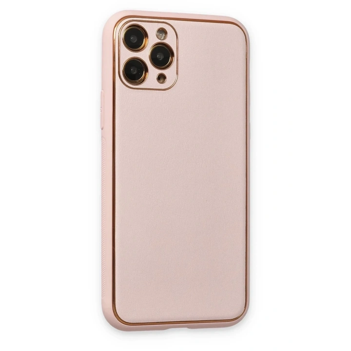 Mey İthalat®  iPhone 11 Pro Max Kılıf Coco Deri Silikon Kapak - Pudra