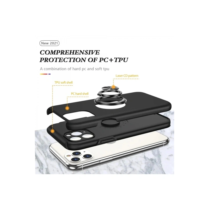 Mey İthalat®  iPhone 11 Pro Max Kılıf Elit Yüzüklü Kapak - Siyah