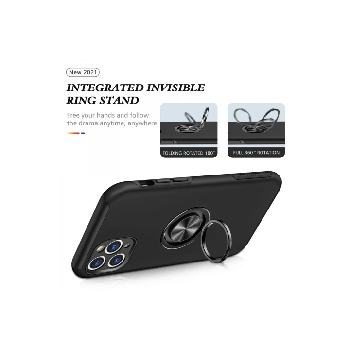 Mey İthalat®  iPhone 11 Pro Max Kılıf Elit Yüzüklü Kapak - Siyah