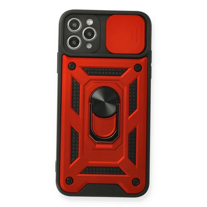 Mey İthalat®  iPhone 11 Pro Max Kılıf Pars Lens Yüzüklü Silikon - Kırmızı