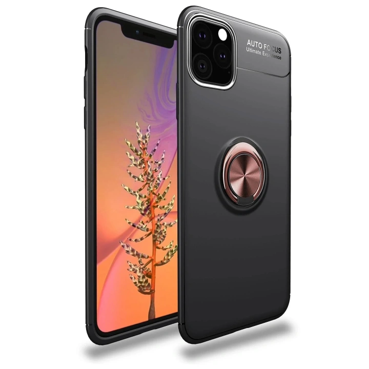 Mey İthalat®  iPhone 11 Pro Max Kılıf Range Yüzüklü Silikon - Siyah-Gold