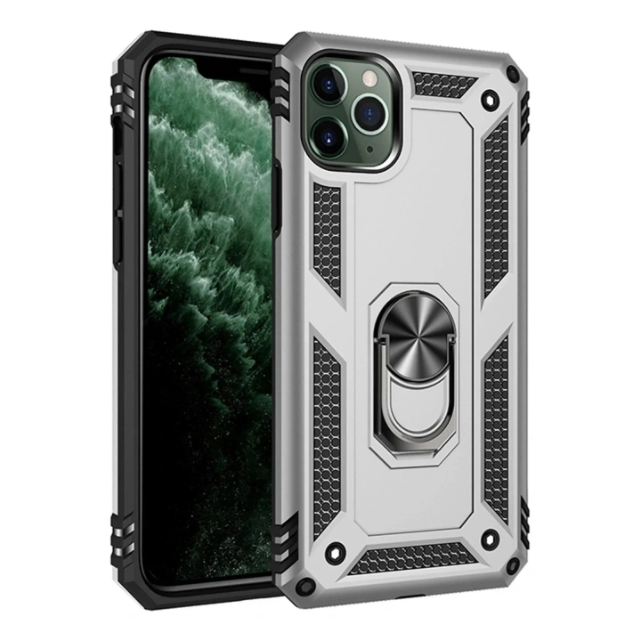 Mey İthalat®  iPhone 11 Pro Max Kılıf Sofya Yüzüklü Silikon Kapak - Gümüş