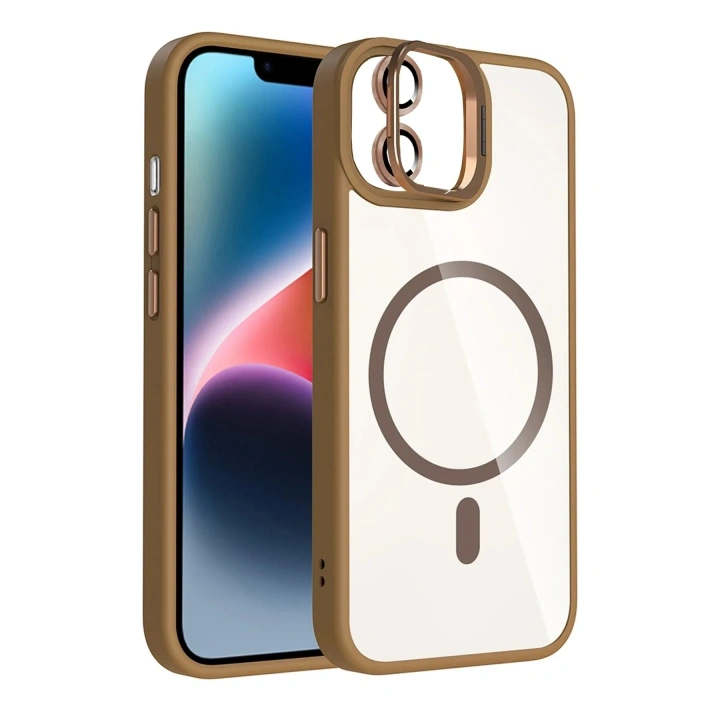 Mey İthalat®   iPhone 11 Remim Lensli Magsafe Standlı Kapak - Kahverengi