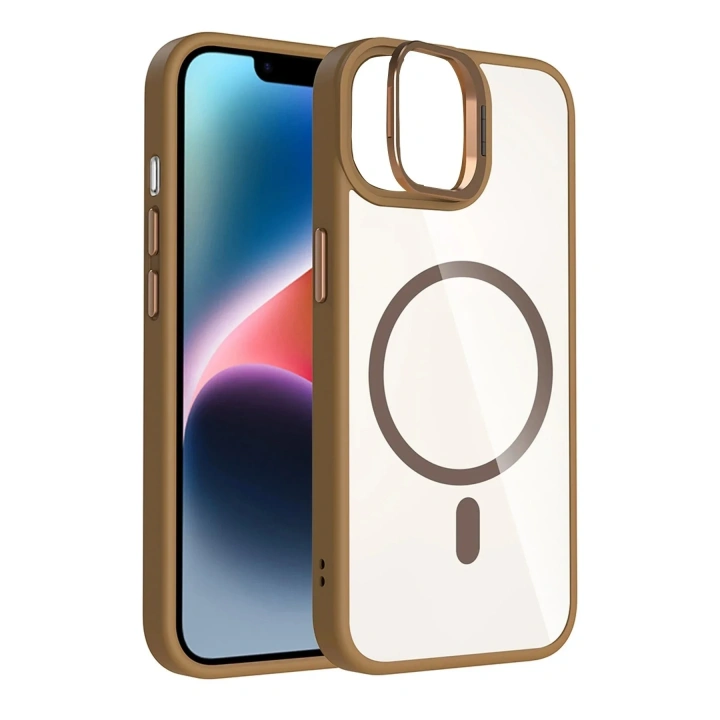 Mey İthalat®   iPhone 11 Remim Lensli Magsafe Standlı Kapak - Kahverengi