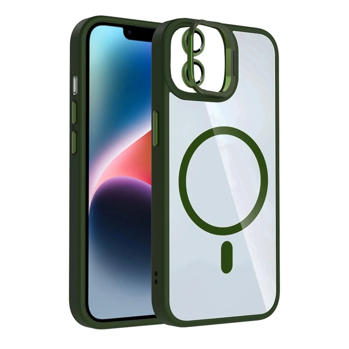 Mey İthalat®   iPhone 11 Remim Lensli Magsafe Standlı Kapak - Koyu Yeşil
