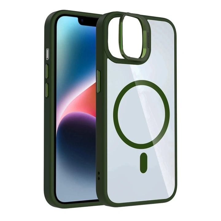 Mey İthalat®   iPhone 11 Remim Lensli Magsafe Standlı Kapak - Koyu Yeşil