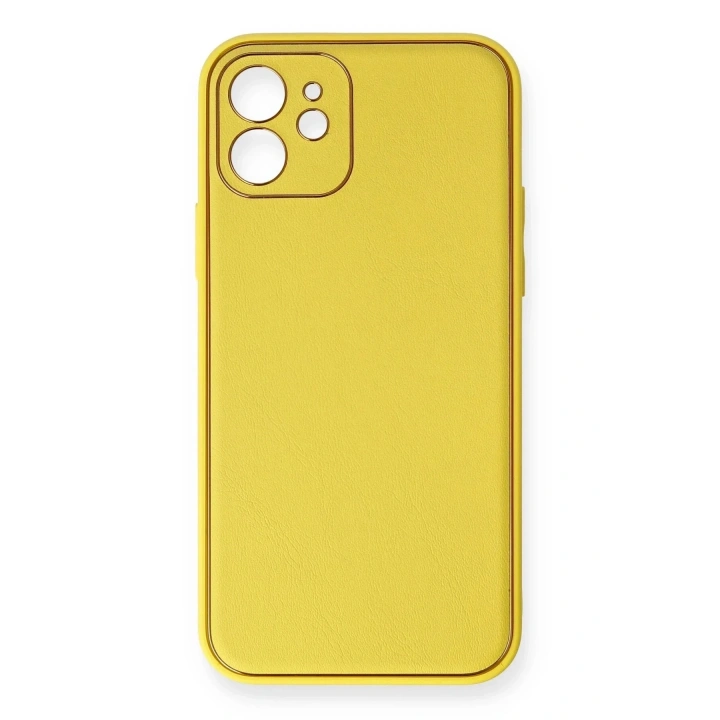 Mey İthalat®  iPhone 12 Kılıf Coco Deri Silikon Kapak - Sarı