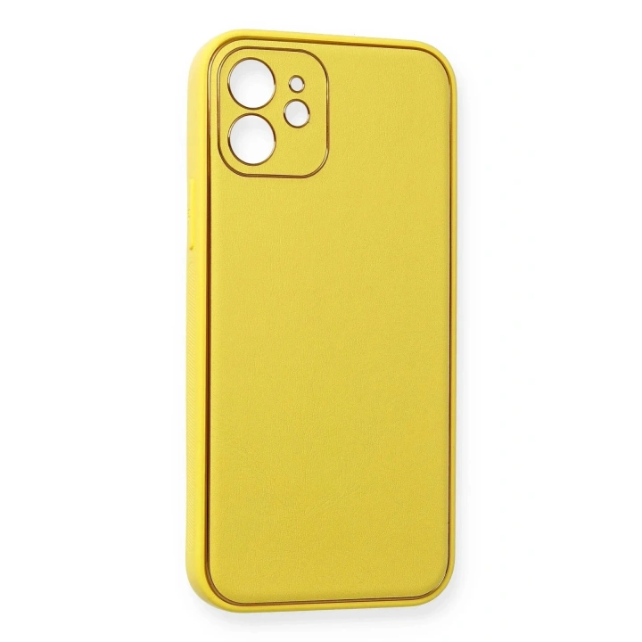 Mey İthalat®  iPhone 12 Kılıf Coco Deri Silikon Kapak - Sarı