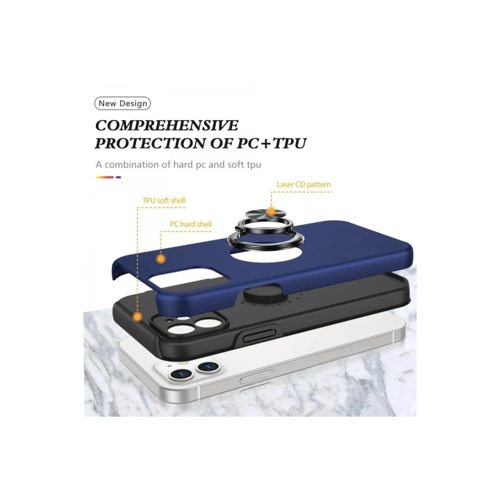 Mey İthalat®  iPhone 12 Kılıf Elit Yüzüklü Kapak - Lacivert