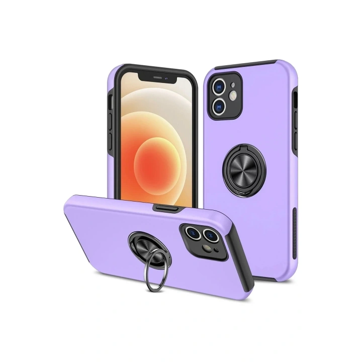 Mey İthalat®  iPhone 12 Kılıf Elit Yüzüklü Kapak - Mor