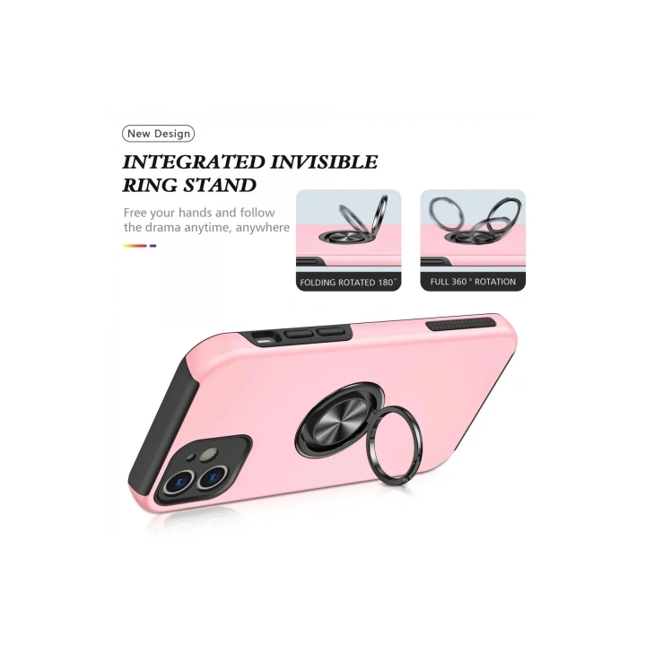 Mey İthalat®  iPhone 12 Kılıf Elit Yüzüklü Kapak - Pembe