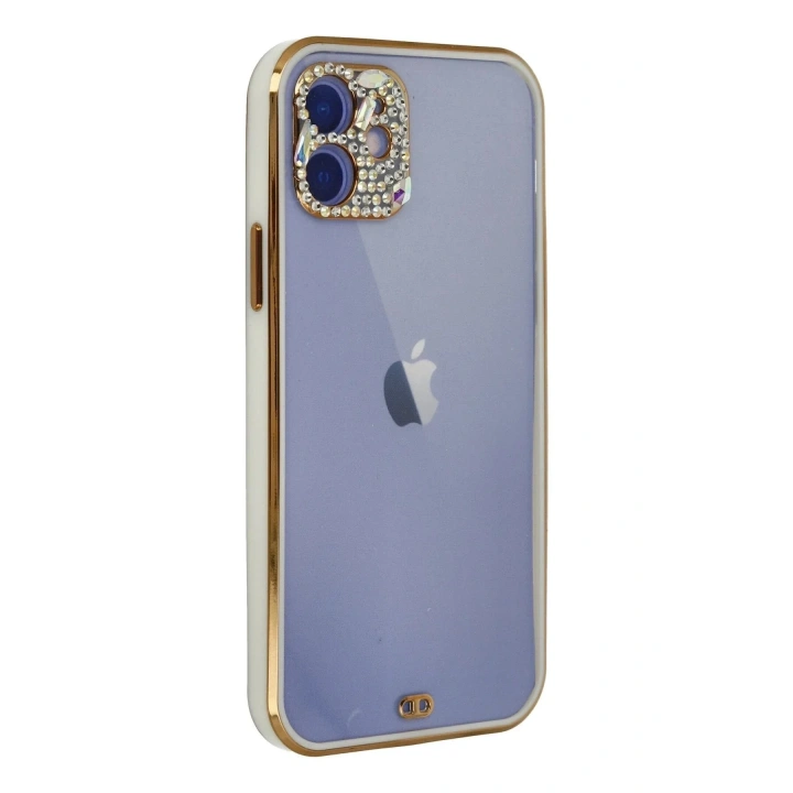 Mey İthalat®  iPhone 12 Kılıf Liva Taşlı Silikon - Beyaz