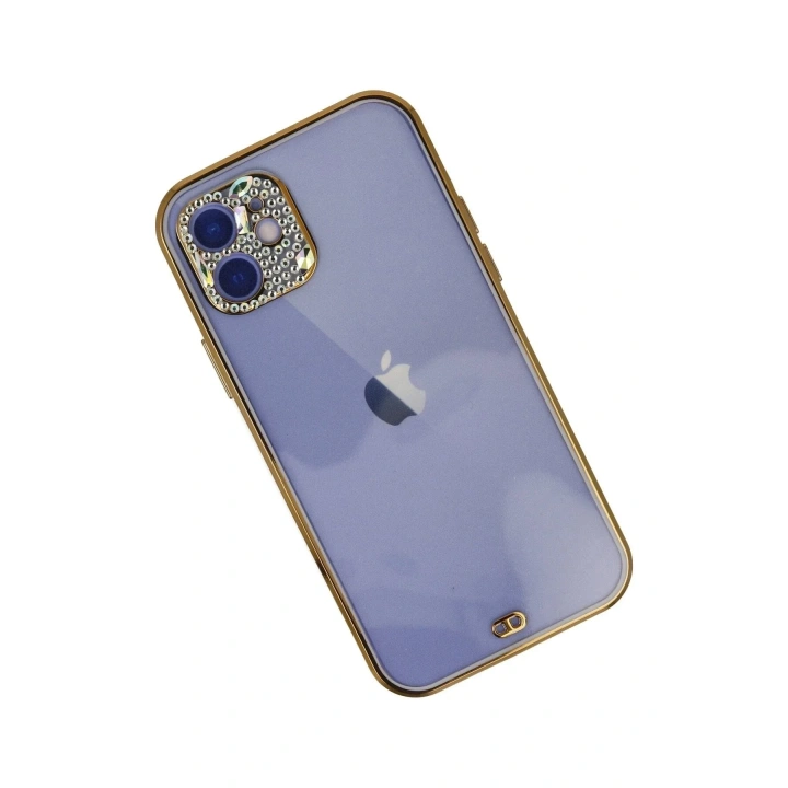 Mey İthalat®  iPhone 12 Kılıf Liva Taşlı Silikon - Mor