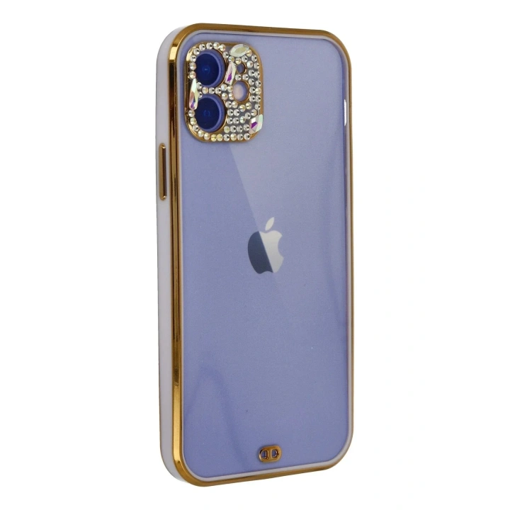 Mey İthalat®  iPhone 12 Kılıf Liva Taşlı Silikon - Mor