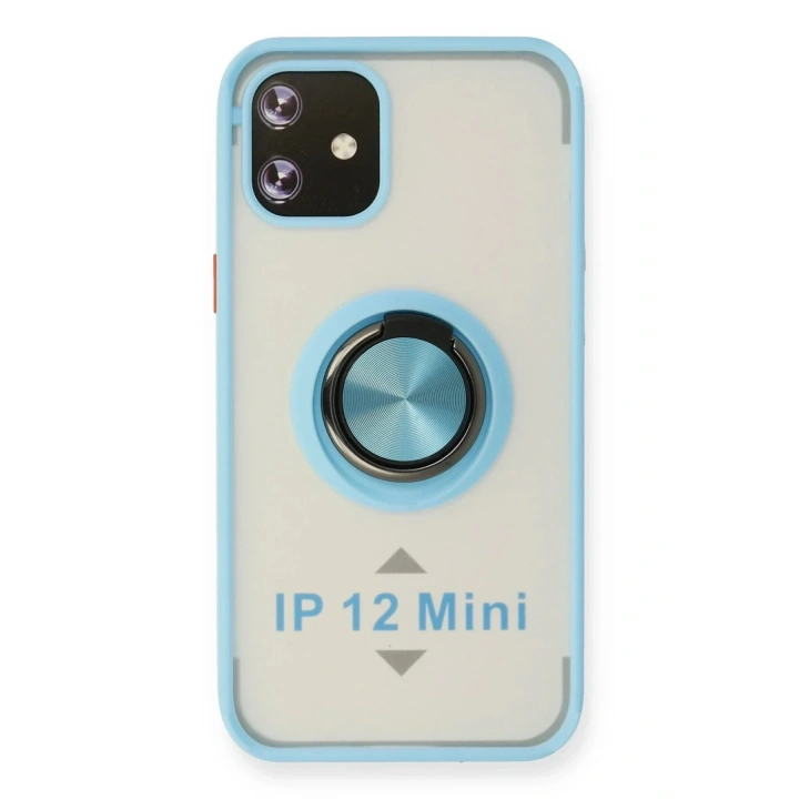 Mey İthalat®  iPhone 12 Kılıf Montreal Yüzüklü Silikon Kapak - Buz Mavi