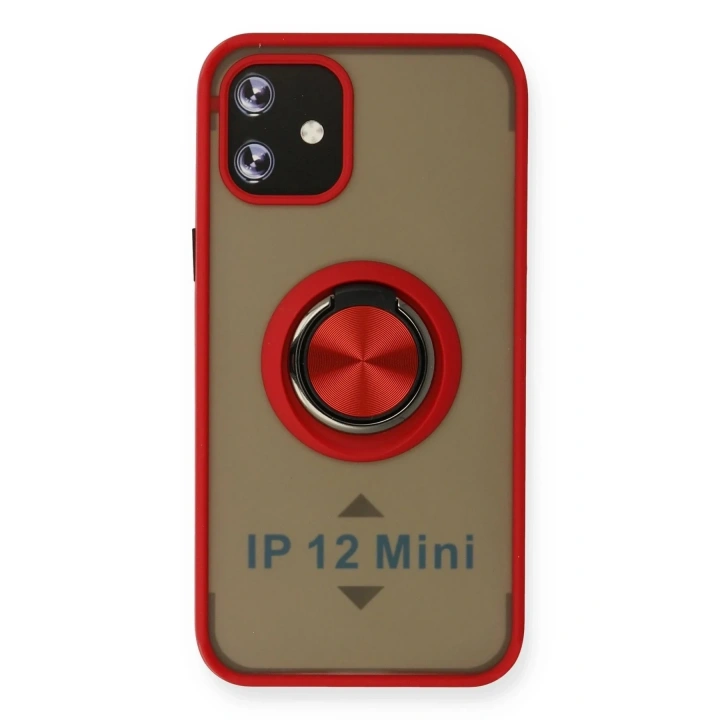 Mey İthalat®  iPhone 12 Kılıf Montreal Yüzüklü Silikon Kapak - Kırmızı
