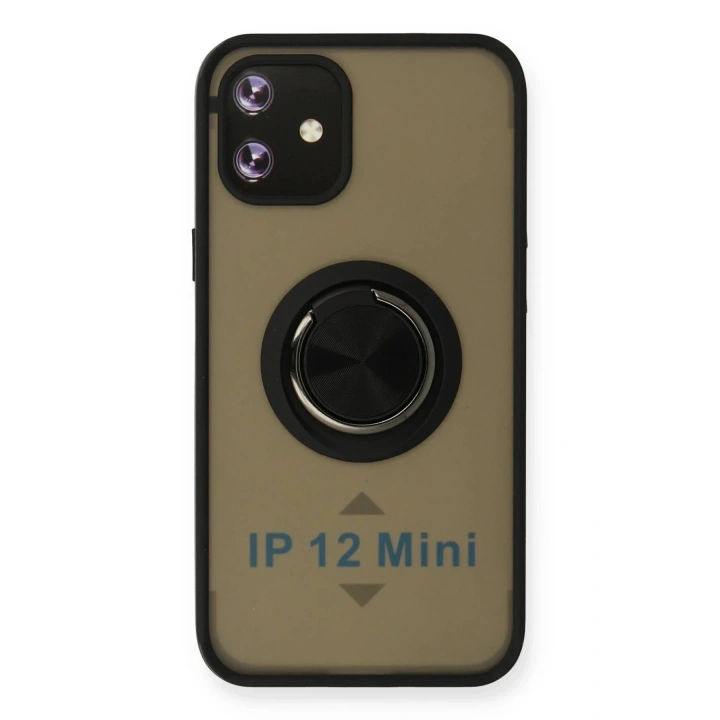 Mey İthalat®  iPhone 12 Kılıf Montreal Yüzüklü Silikon Kapak - Siyah