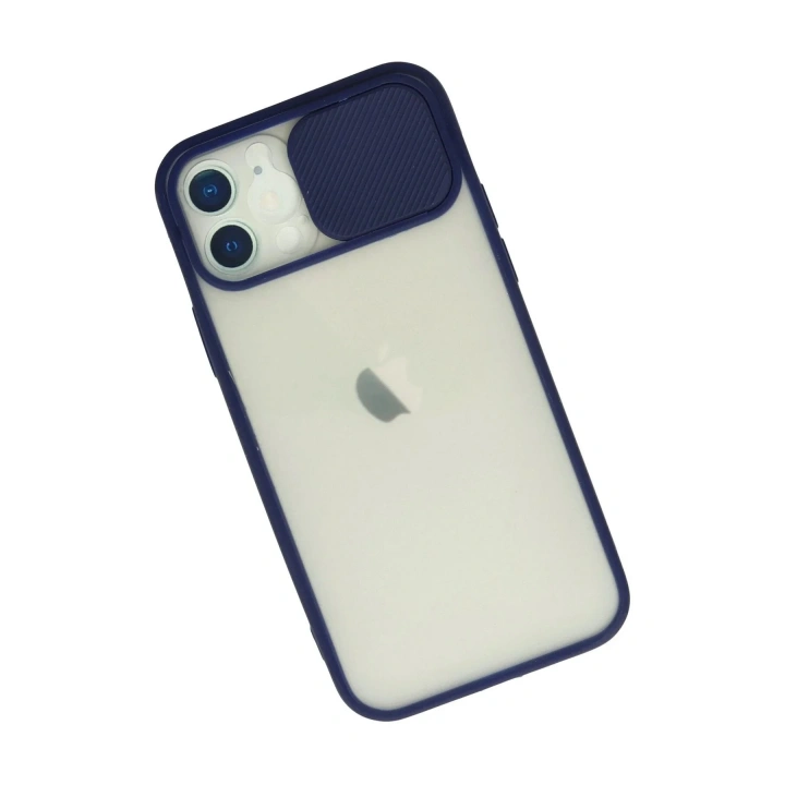 Mey İthalat®  iPhone 12 Kılıf Palm Buzlu Kamera Sürgülü Silikon - Lacivert
