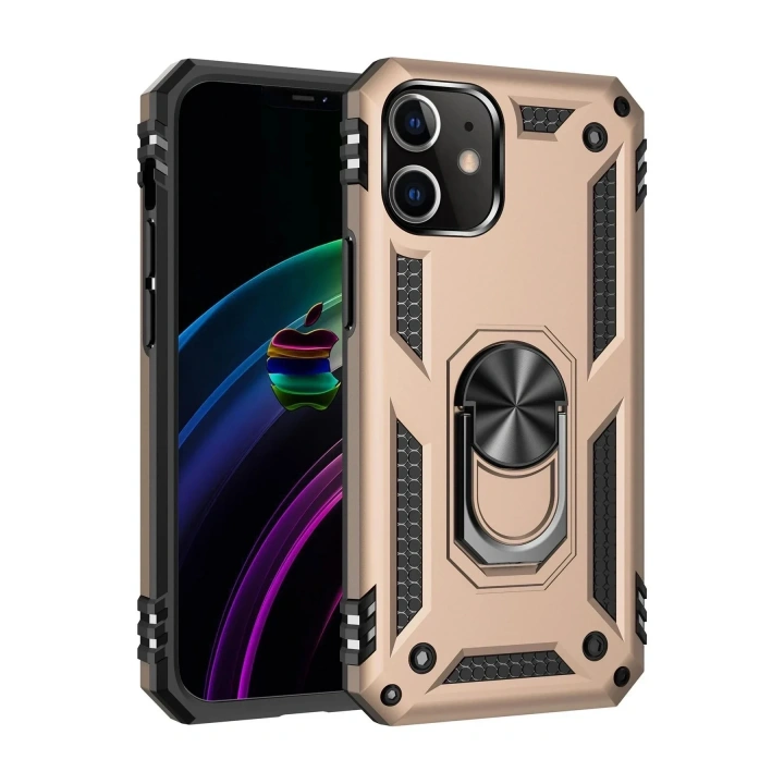Mey İthalat®  iPhone 12 Kılıf Sofya Yüzüklü Silikon Kapak - Gold