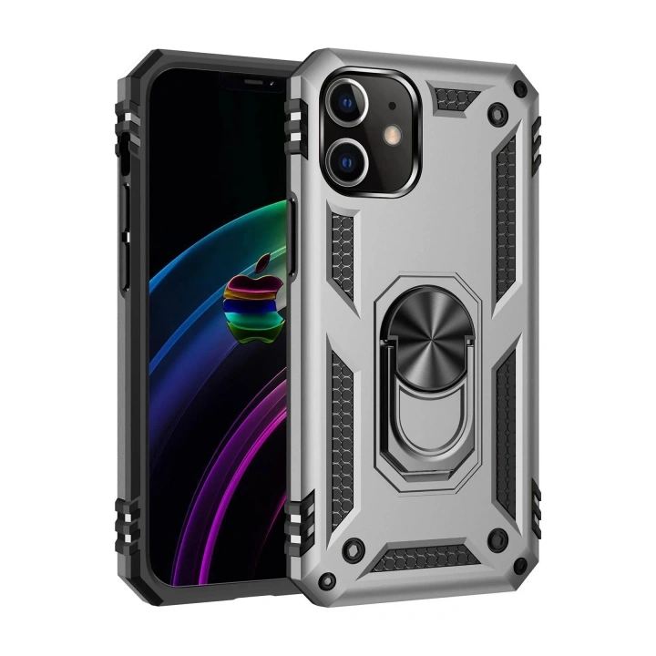 Mey İthalat®  iPhone 12 Kılıf Sofya Yüzüklü Silikon Kapak - Gümüş