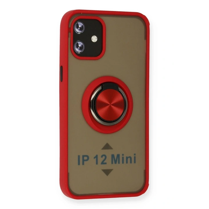 Mey İthalat®  iPhone 12 Mini Kılıf Montreal Yüzüklü Silikon Kapak - Kırmızı
