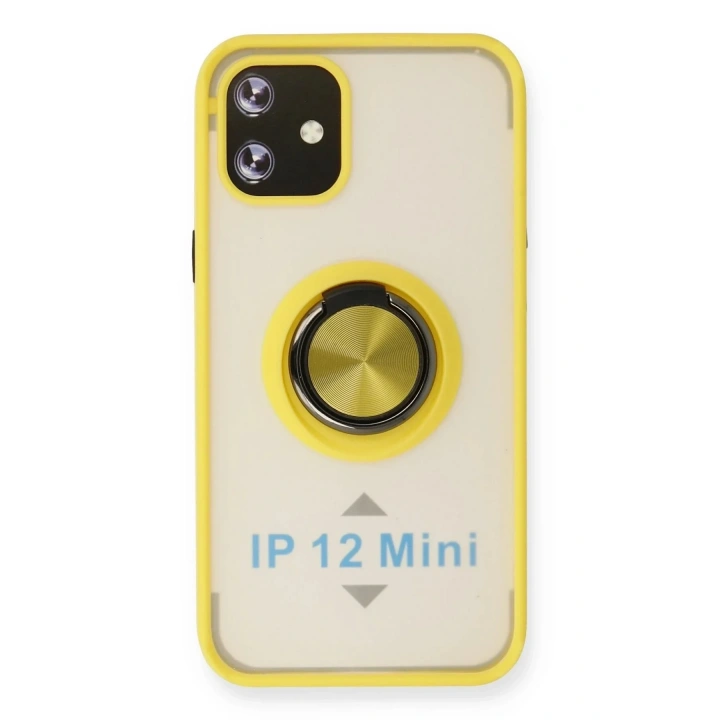 Mey İthalat®  iPhone 12 Mini Kılıf Montreal Yüzüklü Silikon Kapak - Sarı