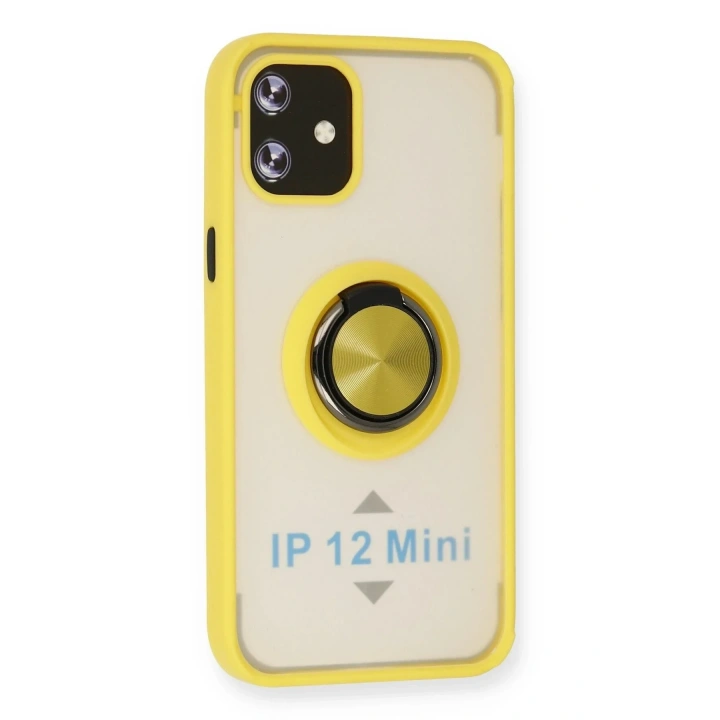 Mey İthalat®  iPhone 12 Mini Kılıf Montreal Yüzüklü Silikon Kapak - Sarı