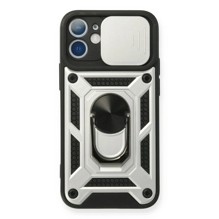 Mey İthalat®  iPhone 12 Mini Kılıf Pars Lens Yüzüklü Silikon - Gümüş