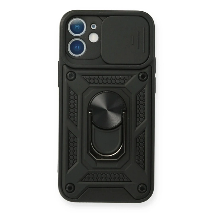 Mey İthalat®  iPhone 12 Mini Kılıf Pars Lens Yüzüklü Silikon - Siyah